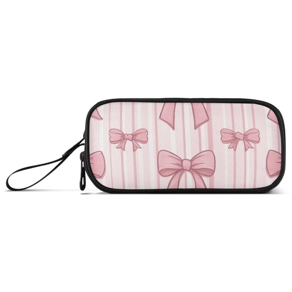 Vertical Pink Stripes with Bows Pencil Case Stationary Holder Pen Bag Pencil Pouch Tool Organizer 3 Compartments