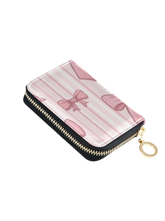 Vertical Pink Stripes with Bows Women's Credit Card Holder PU Leather Zipper Wallet RFID Blocking