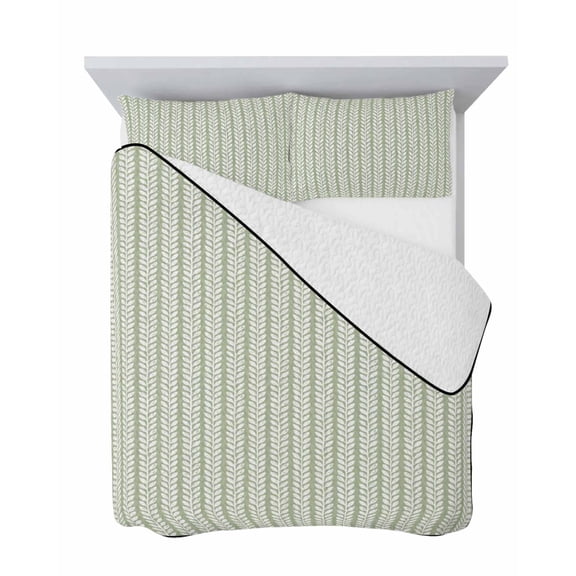 Vertical Pinstripes 3 Piece Quilt Set Twin Size, Sage Green Leaf Pinstripes Woven Texture Farmhouse Soft Bedspread Coverlet Bedding Set Microfiber Comforter Set with 2 Pillowcases for Bedroom