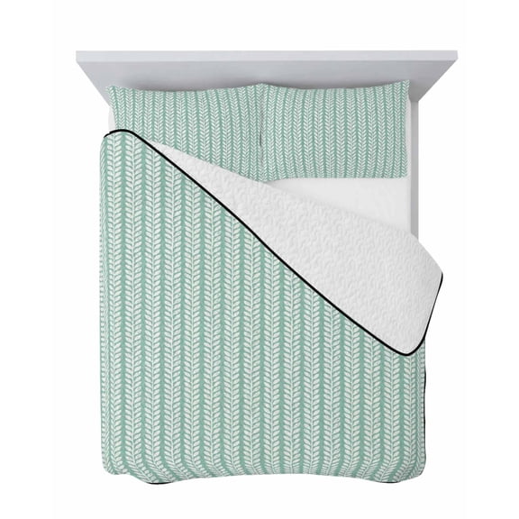 Vertical Pinstripes 3 Piece Quilt Set Twin Size, Teal Green Leaf Pinstripes Woven Texture Farmhouse Soft Bedspread Coverlet Bedding Set Microfiber Comforter Set with 2 Pillowcases for Bedroom