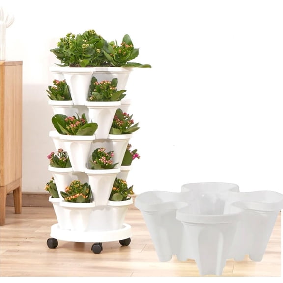 Vertical Planter, 5 Tier Stackable Planters Garden Planters, Stackable Herb Vegetable Planters with Movable Casters and Bottom Saucer Indoor and Outdoor