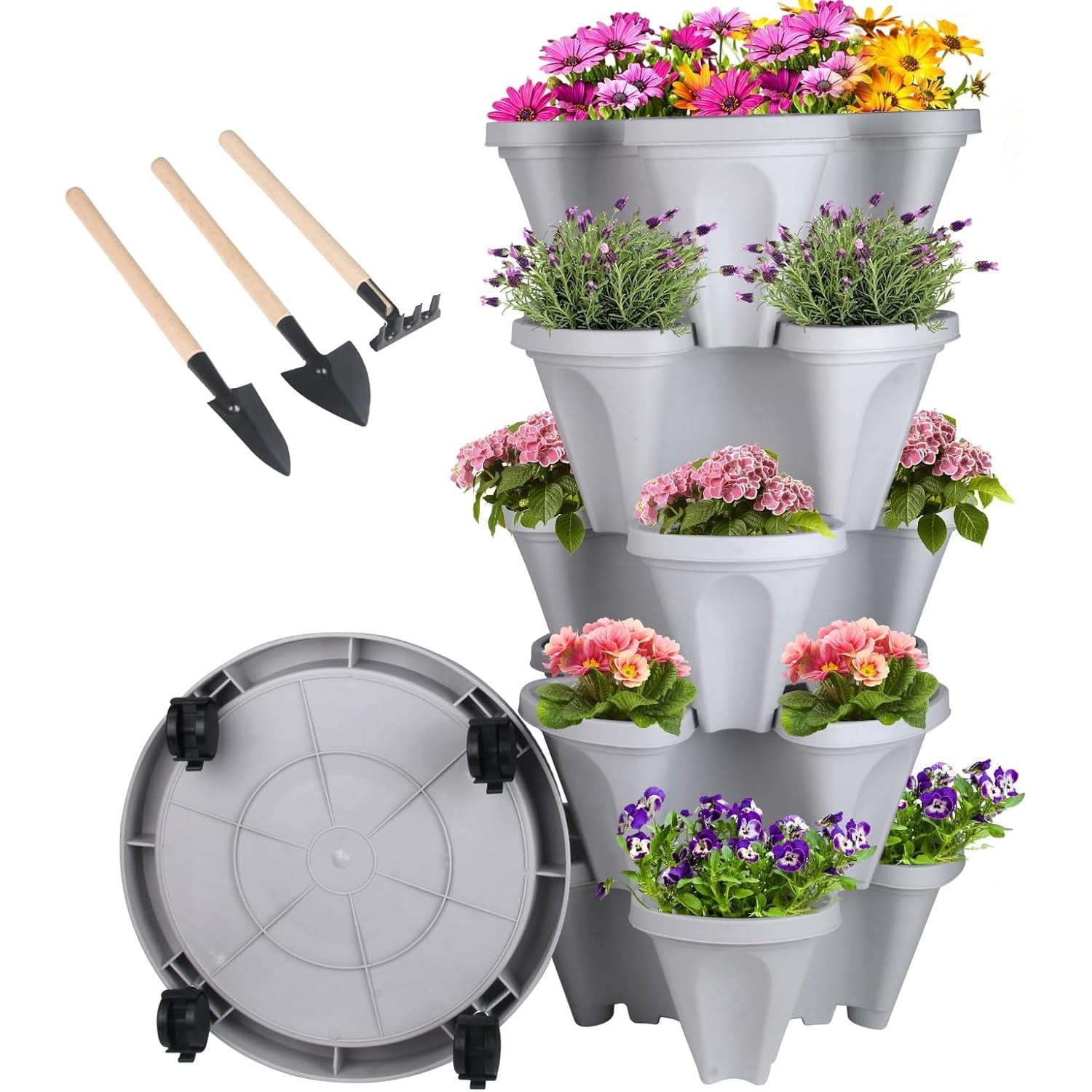Vertical Planter 5 Tier Stackable Planters Garden Planters Strawberry Herb Flower and Vegetable Planter Indoor Outdoor Gardening Pots with Removable Wheels and Tools