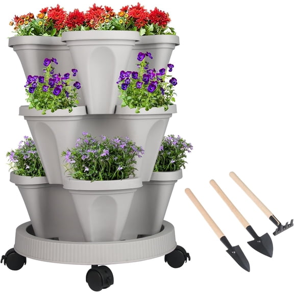 Vertical Planter, 7 Tier Stackable Strawberry Planter with Garden Tool Set, Movable Indoor/Outdoor Garden Herb Pot for Growing Vegetables and Succulents, Gray