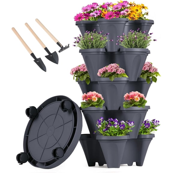 Vertical Planter Tower - 5 Tier Stackable Garden Planters with Wheels and Tools Plant Pots for Strawberry Herb Flower and Vegetable Indoor Outdoor Use Dark Gray