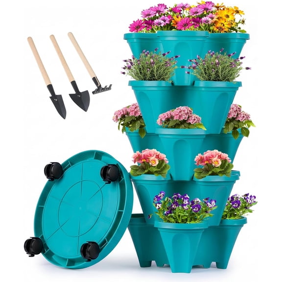 Vertical Planter Tower - 5 Tier Stackable Garden Planters with Wheels and Tools Plant Pots for Strawberry Herb Flower and Vegetable Indoor Outdoor Use Teal