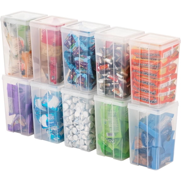 Vertical Plastic Flip Top Storage Containers Bins with Lids for Pantry, Home, Office, Organization, Medium, Stackable Hinged Organizer with Latches, Clear, 10 Pack