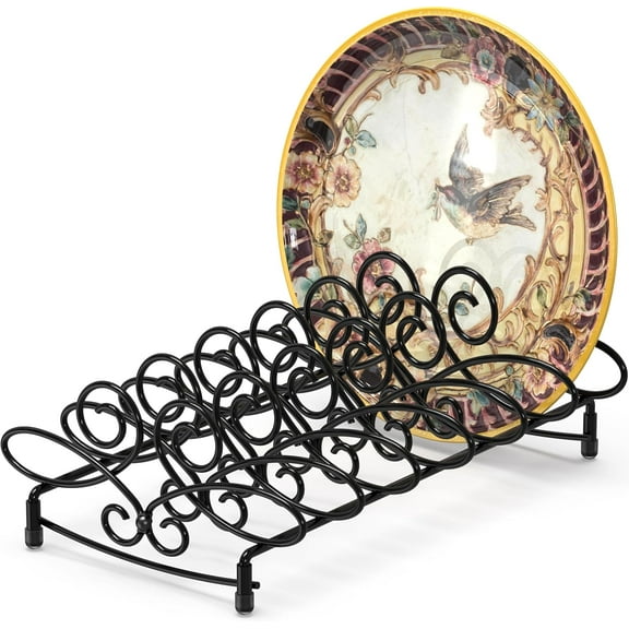 Vertical Plate Stand Holder Dish Rack Dinnerware Organizer with Elegant Wire Design, 6-Compartment, Black