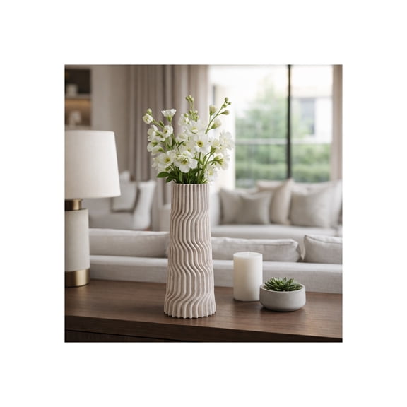 Vertical Porcelain Vase for Living Room Decor - Modern Home Accent with 3D Ripple Detail - Decorative Tall Flower Vase for Room, Bedroom, Office, and Table Styling - 14", Tan & Ivory