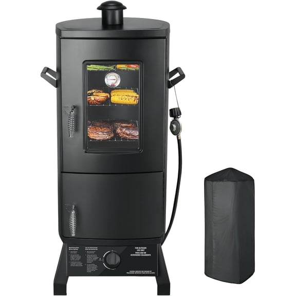 Vertical Propane Smoker, Black Heavy Duty Gas Grill with Cover & 3 Removable Racks for Outdoor Meat Smoking