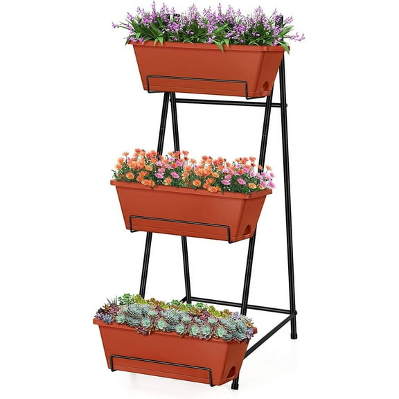 Vertical Raised Garden Bed 3-Tiered Garden Planters with Drainage Holes, Red