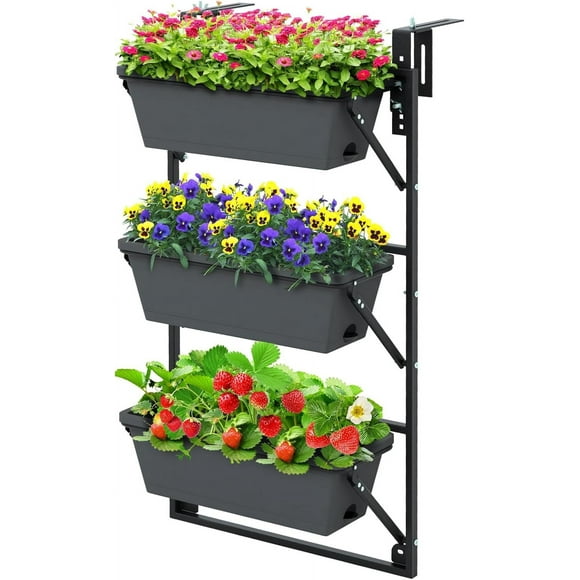Vertical Raised Garden Bed, Hanging & Wall-Mounted Planter Garden Boxes, Adjustable Shelf & Detachable Hooks, 3-Tier Railing Raised Beds for Flower Strawberry Vegetable