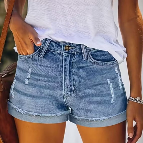 Vertical Ripped Denim Bermuda Shorts with Wide Cuffed Hem Women's High Waisted Denim Shorts Casual Ripped Summer Hot Short Jeans Frayed Distressed Jeans Shorts Sky Blue L