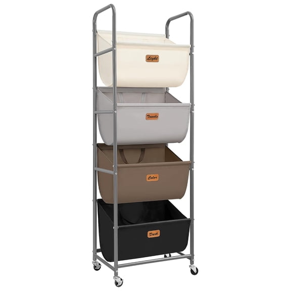 Vertical Rolling Laundry Hamper, 4 Section Laundry Sorter, 160L Large Capacity with Removable Bags, 4-Tier Stand with Lockable Casters and Customizable PU Leather Labels for Home