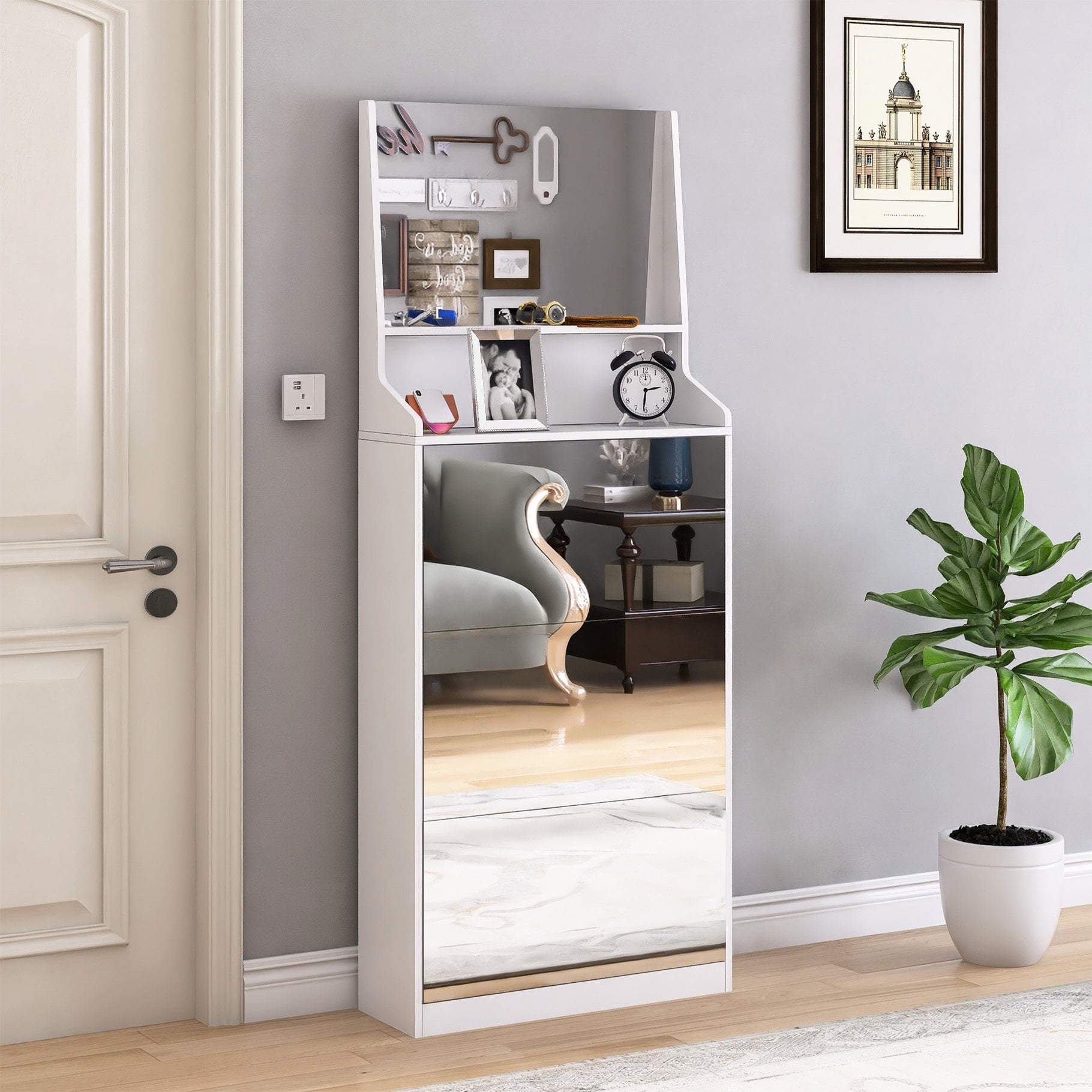 Image showcasing Vertical Shoe Cabinet with Glass Doors - Space - saving Vertical ...