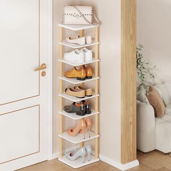 Vertical Shoe Rack, 8-Tier Tall Narrow Shoe Organizer for Entryway, Closet, Dorm & Small Spaces, Freestanding Wooden Shoe Shelf Tower for Boots, Sneakers, Heels. (White)