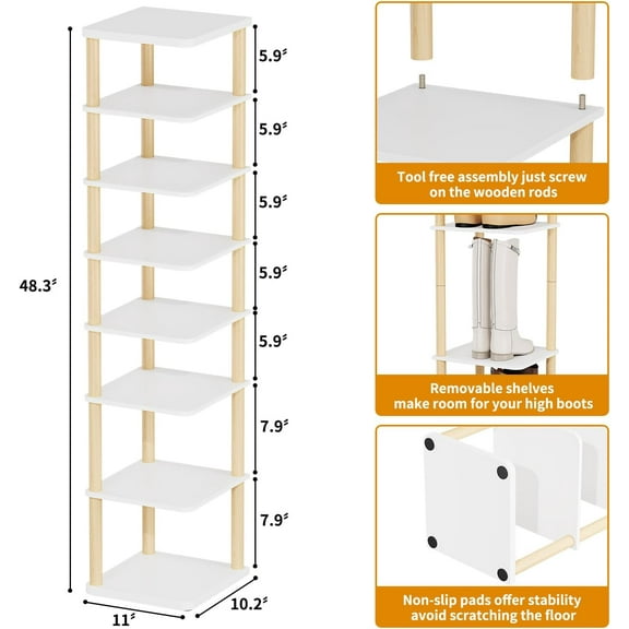Vertical Shoe Rack, 8-Tier Tall Narrow Shoe Organizer for Entryway, Closet, Dorm & Small Spaces, Freestanding Wooden Shoe Shelf Tower for Boots, Sneakers, Heels. (White)