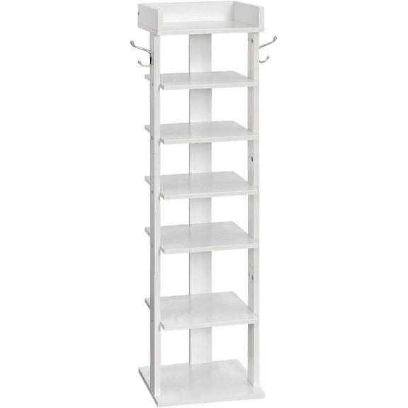 Vertical Shoe Rack for Front Door Entryway, 7 Tier Wooden Shoe Storage Organizer with Hooks, Narrow Shoe Tower for 7 Pairs, Space Saving, for Corner, Closet, Bedroom, White WT61XJ01