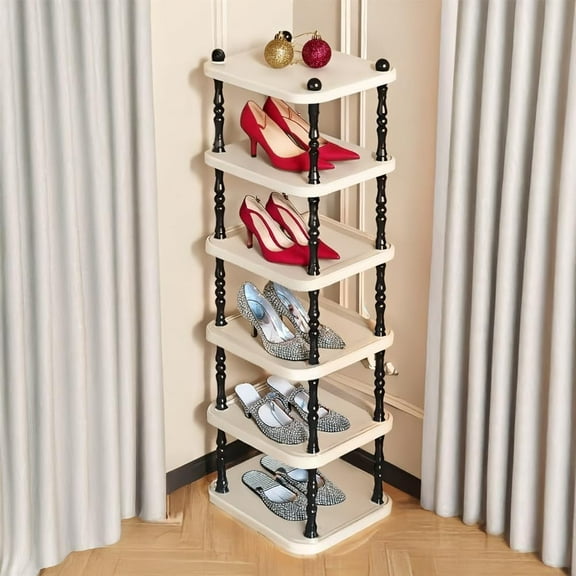 Vertical Shoe Rack Narrow Shoe Organizer, 6-Tier Free Standing Stackable Shoe Rack for Closet, Small Shoe Shelf for Small Spaces (Beige, 6 Tier)
