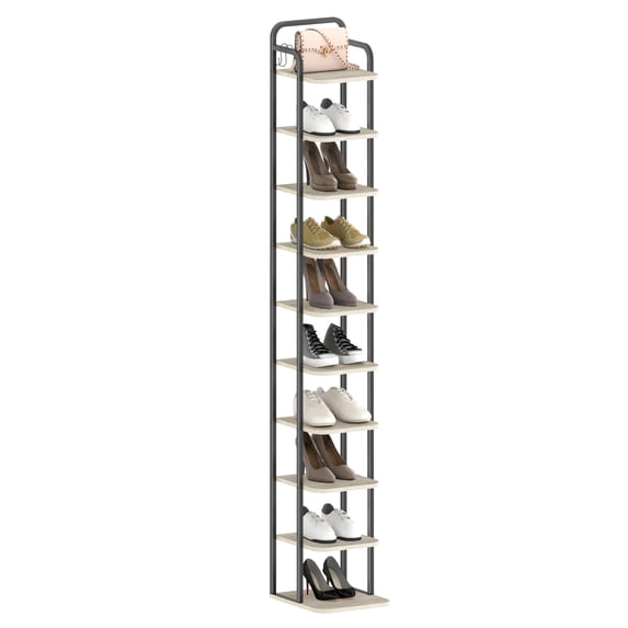 Hzuaneri 10-Tier Vertical Shoe Rack, Tall Shoe Organizer with 2 Hooks, Wooden Shoe Tower for Entryway, Hallway, Closet Space Saving, Free Standing, Greige