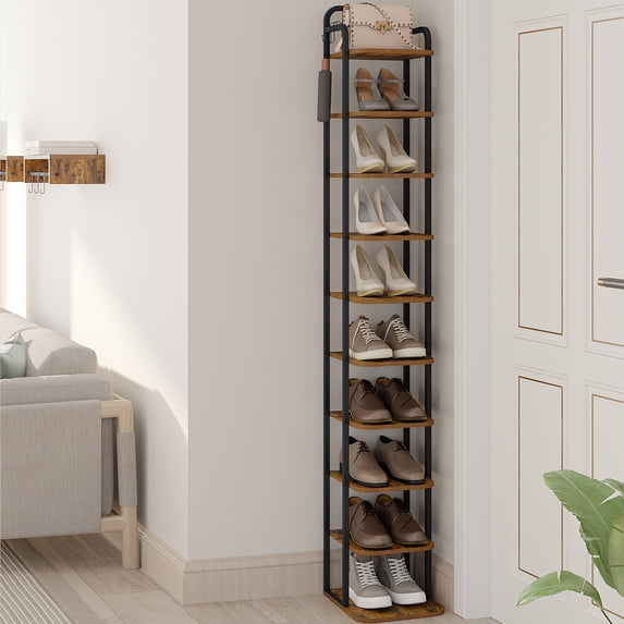 Hzuaneri 10-Tier Vertical Shoe Rack, Tall Shoe Organizer with 2 Hooks, Wooden Shoe Tower for Entryway, Hallway, Closet Space Saving, Free Standing, Rustic Brown