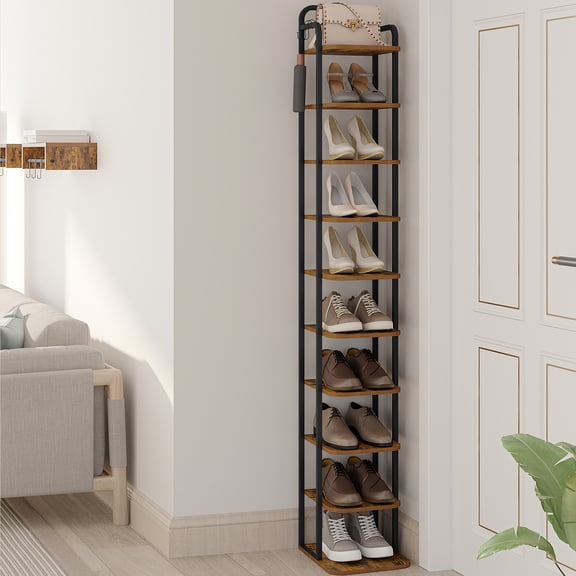 Hzuaneri 10-Tier Vertical Shoe Rack, Tall Shoe Organizer with 2 Hooks, Wooden Shoe Tower for Entryway, Hallway, Closet Space Saving, Free Standing, Rustic Brown