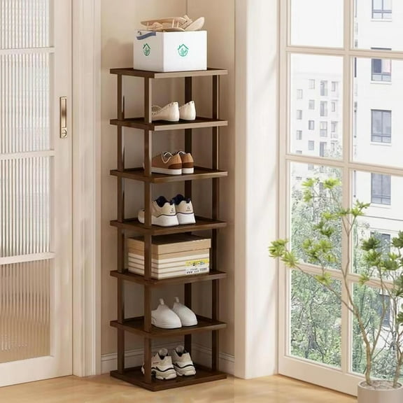 Vertical Shoe Rack - Tall Narrow Shoe Rack Organizer for Small Spaces,7 Tier Bamboo Shoen Shelf for Entryway,Closet,Corner,Doorway,Skinny Shoe Shelf Space Saving Shoe Storage,Free Stackable DIY