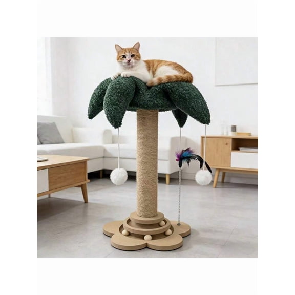 Vertical Sisal Cat Scratching Post with Stable Round Base, Wear Resistant Hemp Rope Cat Scratcher Board with 4 Hanging Pom-pom Toys, Multi-functional Indoor Cat Climbing Frame Toy, Random Color Tease