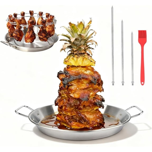 Vertical Skewer Gyro Spit Pan with Chicken Rack for Grill, 13 Inch Stainless Steel-Shawarma Stand for Oven, Al Pastor Skewer with 8-12 Inch Sticks, for Tacos, Chicken Drumstick, Brazilian