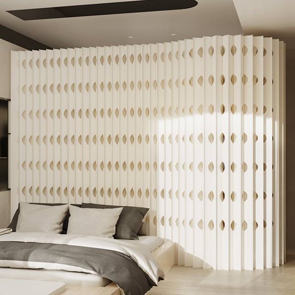 Vertical Slat Hollow Round Hole Paper Room Divider, Freestanding Lightweight Kraft Paper Partition Screen, Foldable Decorative Privacy Separator for Bedroom Living Room Entrance
