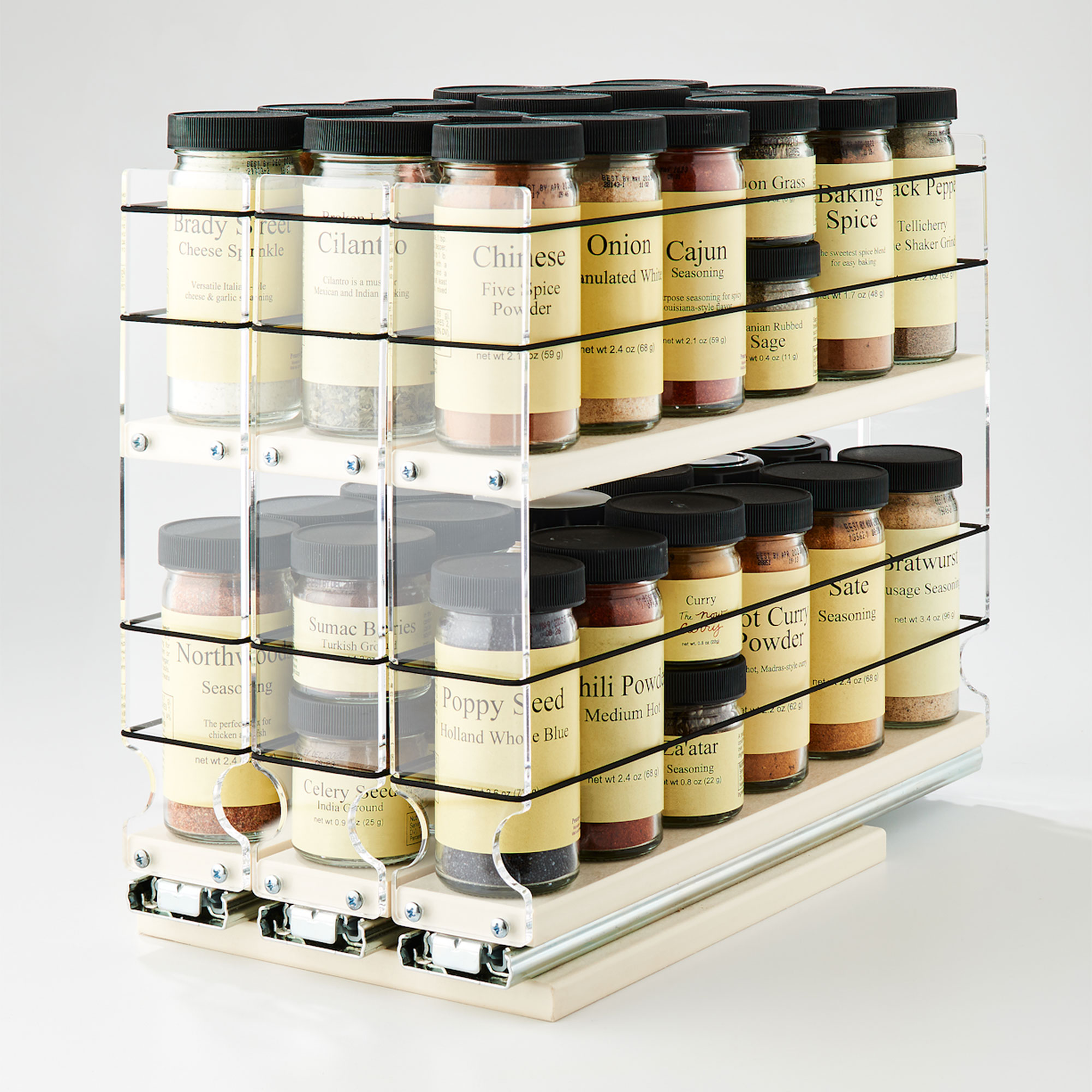 Vertical Spice 2x2x11 DCP Spice Rack Drawer 2 Tiers, Cream, 10 Jar Capacity with Flex-Sides, Sliding, Pullout, Partially Assembled