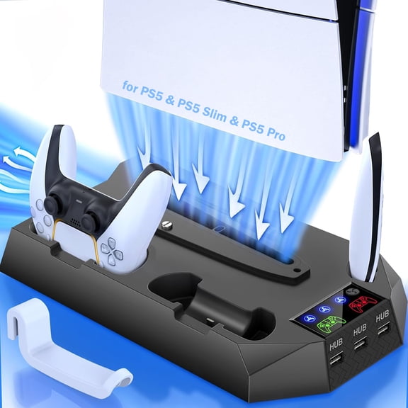 Cooling Vertical Stand for PS5/PS5 Slim/PS5 Pro with Controller Charging Station Headset Holder for PlayStation 5 Console Disc/Digital Edition Accessories-Black