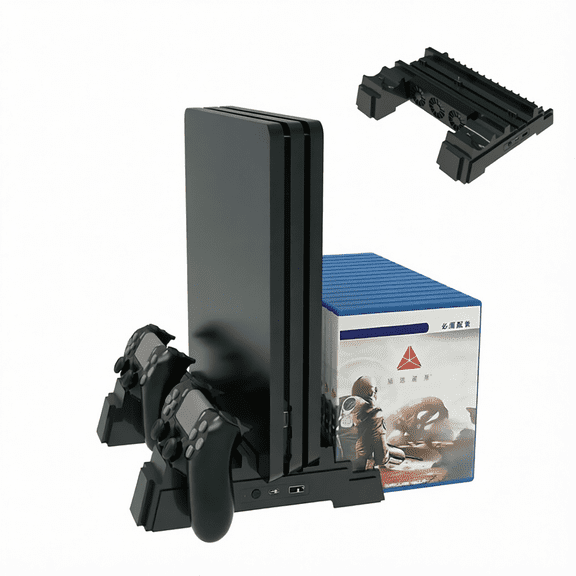 For Vertical Stand Compatible with PS4 Slim PS4 Pro Console Controller Charging Cooling Dock Dual Controller Charger Game Disc Storage Extra USB Port Cooling Fan Holder