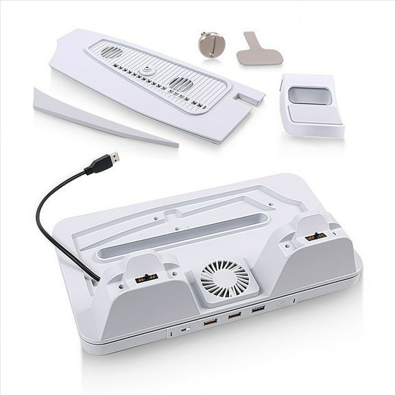 Vertical Stand Compatible with PS5 & PS5 Slim & PS Pro Game Consoles, with Game Controller Charging, Console Cooling-White