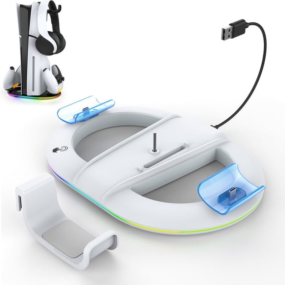 Vertical Stand and Controller Charging Station for PS5 Slim Console Disc & Digital, RGB Stand Base for Playstation 5 Slim with 14 Light Modes & 2 USB Ports & Headphone Hook