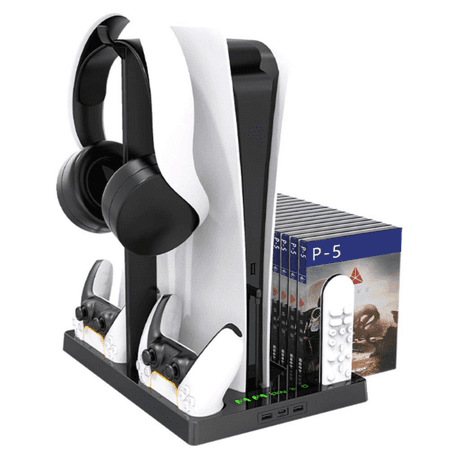 Vertical Stand Cooling Fan for PS5 Digital Edition/Ultra HD Console with DualSense Controller Charger Station and Storage for PSVR Move Motion Controllers