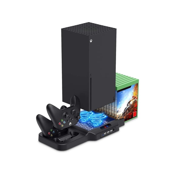 Vertical Stand with Cooling Fan for Xbox Series X / S, Charging Station Dock with Dual Controller Charger Ports, Game Storage and Cooler System for Xbox Series X / S