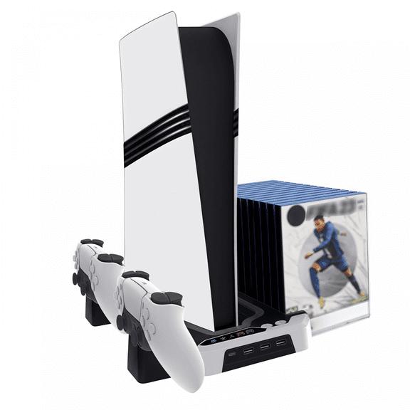 Vertical Stand Cooling Station with RGB Lighting & Dual Controller Charging Dock Compatible with PS5 Pro/Slim Disc & Digital Editions-Black White