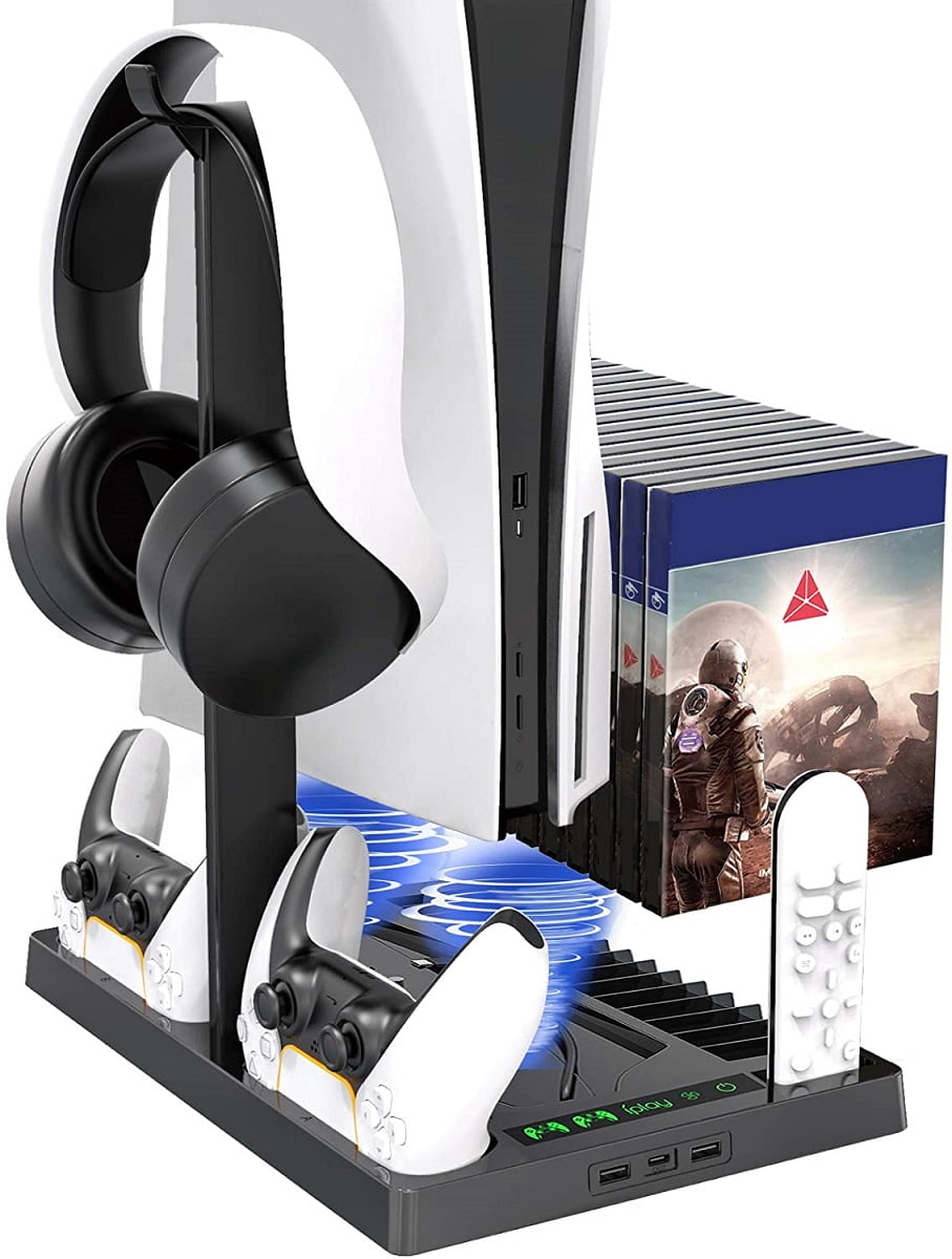 Vertical Stand with Headset Holder and Cooling Fan Base for PS5 Console & Playstation 5 Accessories, 1 Headphone Stand, 2 Controller Chargers, 15 Game Disc Slots and 1 Media Remote Organizer