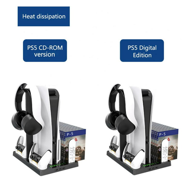 PS5 Slim Vertical Stand with Cooling Fan and Dual Controller Charger  Station for Playstation 5 Slim Console, PS5 Slim Stand with Headset Holder,  Media