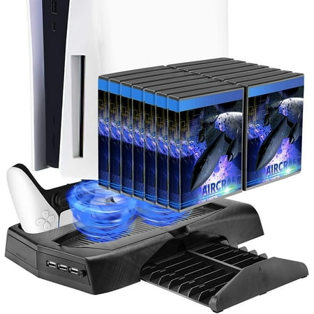 Vertical Stand for PS5 Digital Edition/Playstation 5 Ultra HD with Cooling Fan Controller Charger Dock Station for PS5 DualSense Controller, Retractable Game Storage Bracket, 3 USB Ports