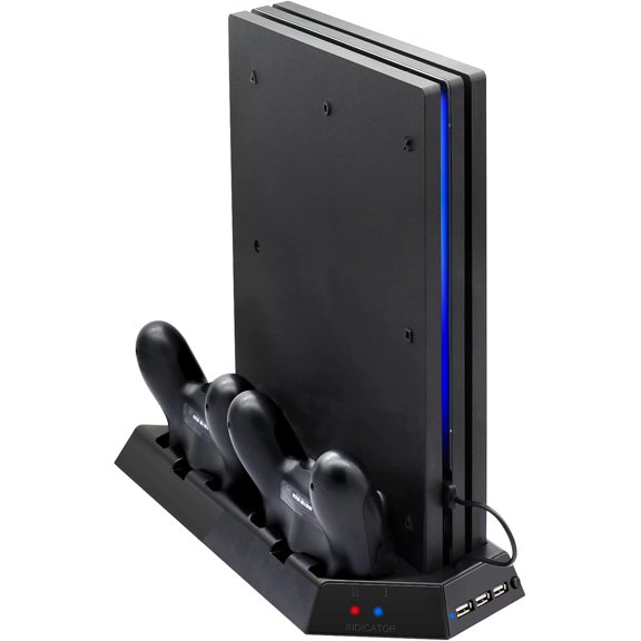 Vertical Stand for PS4 Pro with Cooling Fan, Controller Charging Station PlayStation 4 Pro, Charger DualShock 2 LED Indicator Accessories