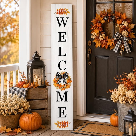 Vertical Standing Wooden Fall Wreath Welcome Porch Sign,47 x 8 Inch,Buffalo Plaid Bow Pumpkin Fall Leaves Rustic Sign,Holiday Decor for Front Door Patio Yard Entryway Wall Indoor Outdoor
