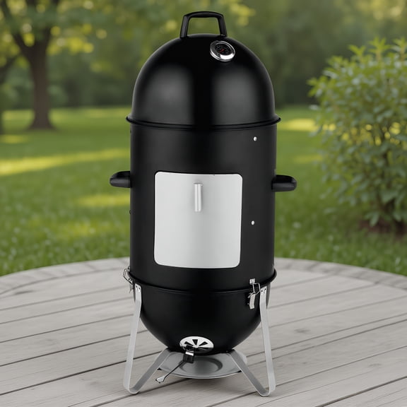 Vertical Steel Charcoal Smoker, Heavy Duty 3-Layer Round BBQ Grill & Smoker for Outdoor Cooking, Black