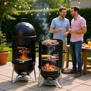 Vertical Steel Charcoal Smoker Heavy Duty 3Layer Round BBQ Grill Smokey Mountain Cooker 46.8in Height 28.2lb 16.7/13.6in Grates Air Vents Ash Pan for Outdoor Backyard Party Tailgating Camping