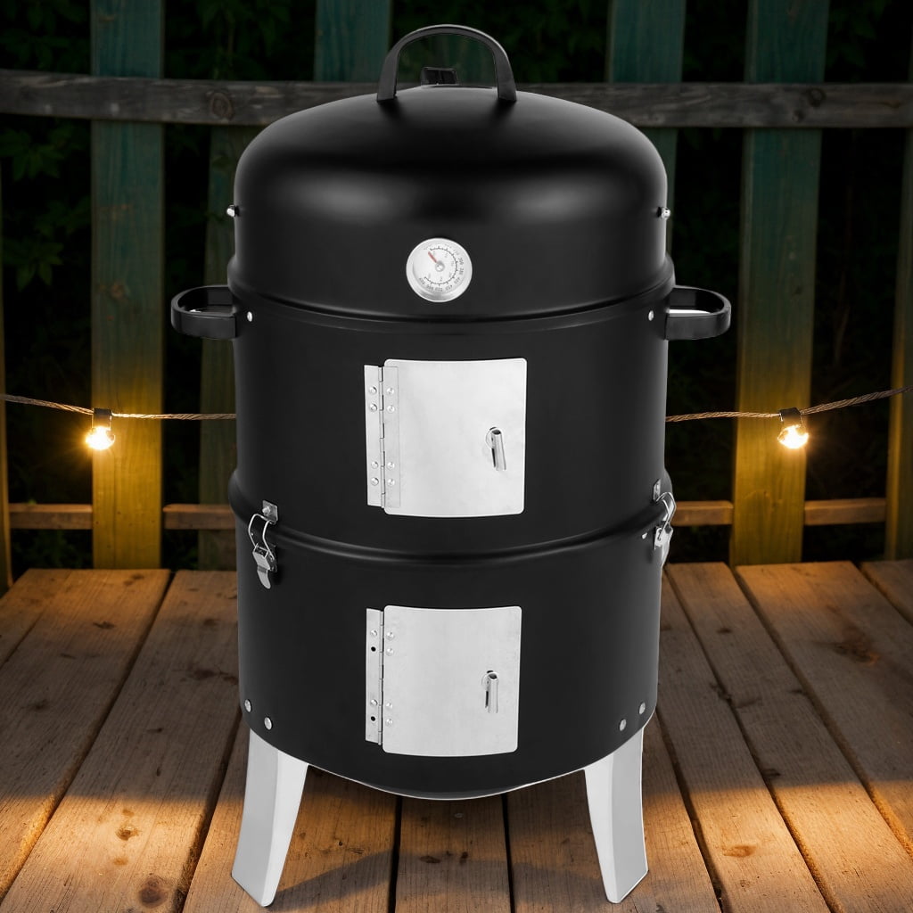 Vertical Steel Charcoal Smoker, Heavy Duty Double Layer Round BBQ Grill for Outdoor Backyard Cooking, Black
