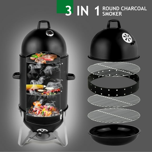 Vertical Steel Charcoal Smoker, Heavy Duty Three Layer Round BBQ Grill Smokey Mountain Cooker for Outdoor Cooking, Black