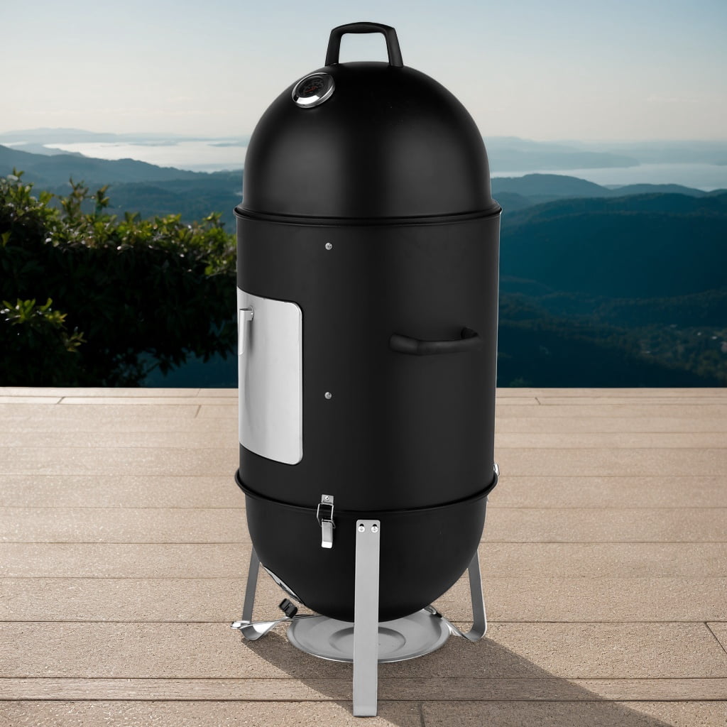 Vertical Steel Charcoal Smoker, Heavy Duty Three Layer Round BBQ Grill & Smokey Mountain Cooker for Outdoor Cooking, Black