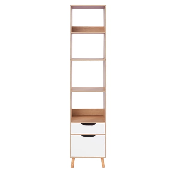 Vertical Storage Bookcase with 4 Open Shelves, Drawer and Bottom Cabinet, Compact Design for Living Room, Office or Bedroom