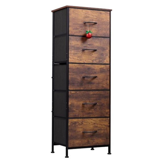 Vertical Storage Dressers with 5 Fabric Drawers for Bedroom, Living Room, Durable Wooden Side Table Nightstand