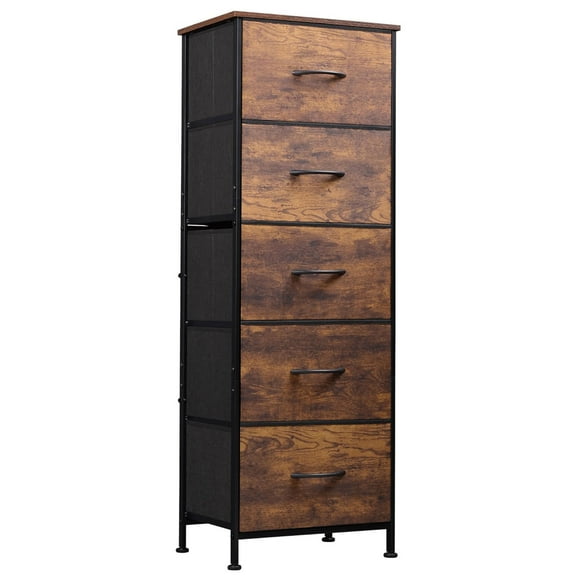 Vertical Storage Dressers with 5 Fabric Drawers for Bedroom, Living Room, Durable Wooden Side Table Nightstand